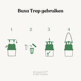 Buxa Trap gebruiken: 1. Draai het groene kopstuk op de doorzichtige bak en zet de groene plaat met de poten in de groeven op het kopstuk; 2. Doe de lokstof in de houders en druk de dop erop; 3. leg 1 houder in de bak en leg 1 in de plaat; 4. steek de touwtjes door de gaten aan de zijkant van de plaat en hang de buxatrap op. Buxa Trap gebruiken: 1. Draai het groene kopstuk op de doorzichtige bak en zet de groene plaat met de poten in de groeven op het kopstuk; 2. Doe de lokstof in de houders en druk de dop erop; 3. leg 1 houder in de bak en leg 1 in de plaat; 4. steek de touwtjes door de gaten aan de zijkant van de plaat en hang de buxatrap op.